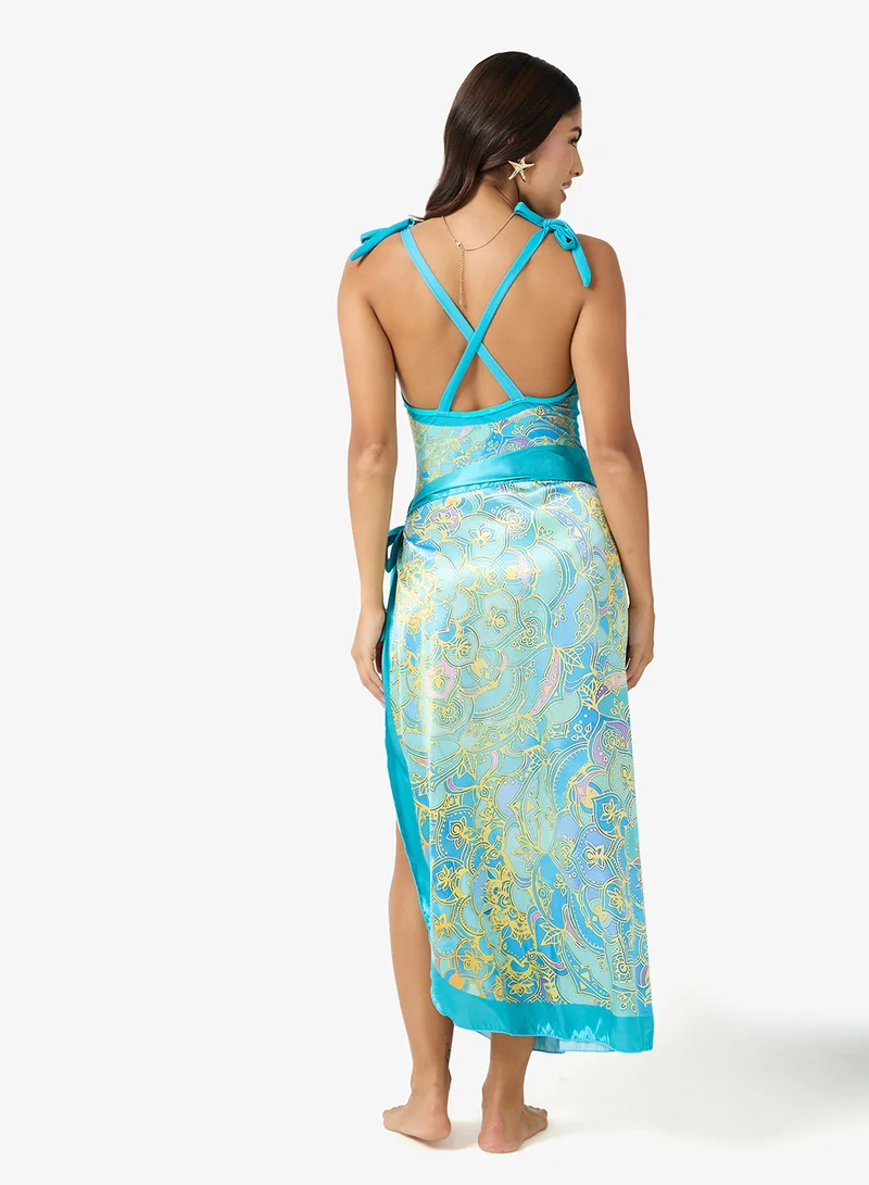 ايلا طقم ملابس سباحة وسارونغ مطبوع